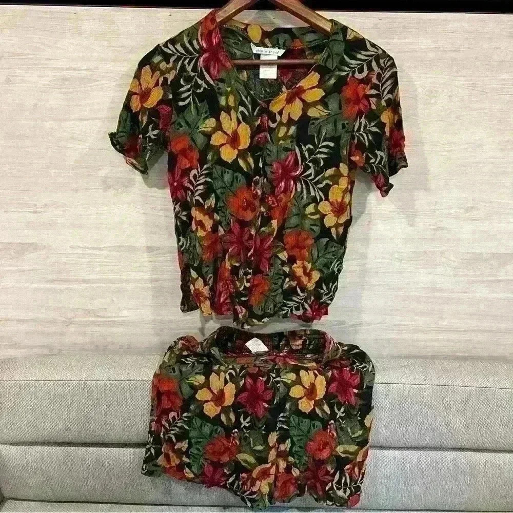 Vintage Ship N Shore Boho Floral Button Up Shirt & High Rise Shorts Set Womens M